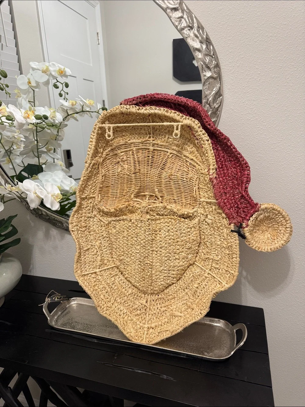 Pottery Barn Woven Santa Head Wall Hanging in Natural and Red